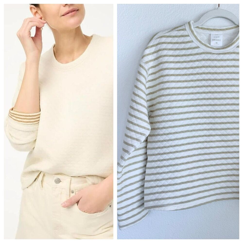 NWT J.Crew Factory Women's Reversible Quilted Pullover in Cream & Tan Stripe XS